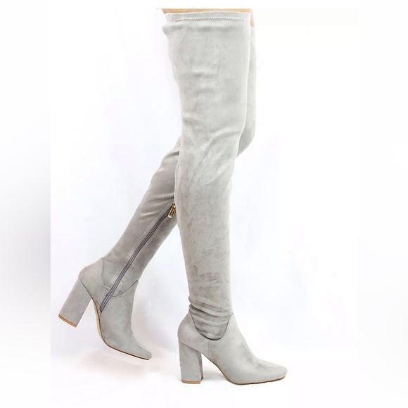 Cape Robbin Women's Suede Thigh High Boots Over the Knee Faux Block Heel Grey - Picture 11 of 12